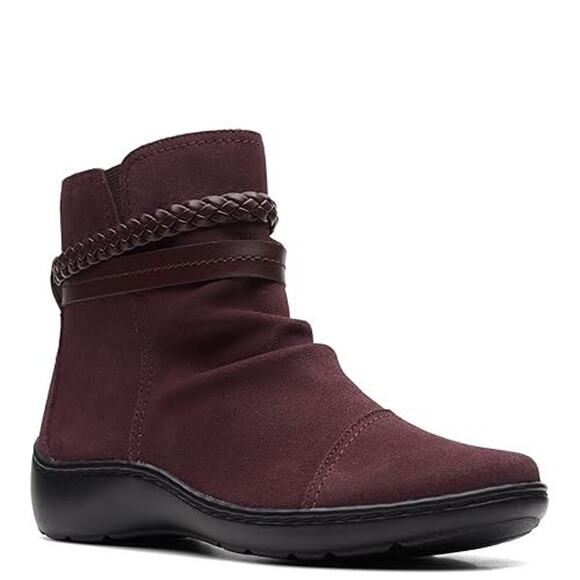 Clarks Cora Braid Ankle Booties Womens 12W Burgundy Suede Side Zip Comfort Boho - Picture 1 of 12